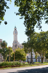 Clock tower of the Palacio de la legislatura seen from Plaza de Mayo.