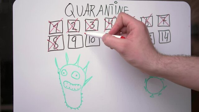 The hand of a young white guy writing on a white magnetic board the time until the end of the quarantine, the concept of learning how to work and study at a distance