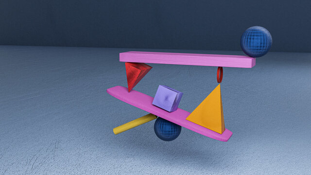 colored geometric shapes. Balance concept. 3d ilustrator