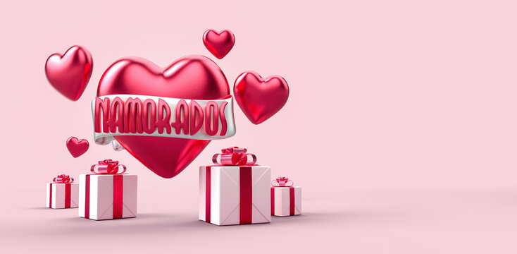 Dia dos namorados com caixa de presente, texto 3d vermelho, com faixa e cora&ccedil;&atilde;o em fundo cor de rosa