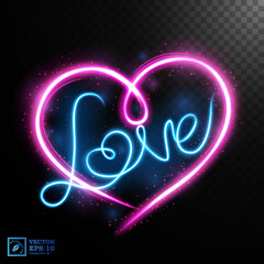 Heart shape and love text light motion effect sets, isolated on transparent pattern. Vector Illustration