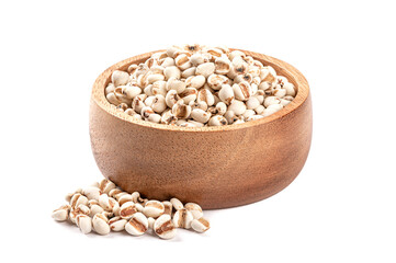 Jop's tears in wooden bowl isolated on white background.-