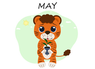 Illustration of a tiger cub in May with a young plant for planting.