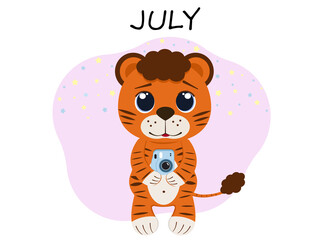 Illustration of a tiger cub in the month of July with a camera polaroid