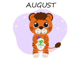Illustration of a tiger cub in August with a cocktail or juice
