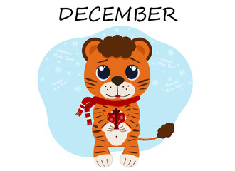 Illustration of a tiger cub in December with a red gift box and snowflakes