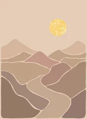 Papier Peint photo Chambre denfants Paysage d& 39 art bohème abstrait dans des tons de terre. Style bohème. Vue sur la montagne, soleil, lune, collines. Affiche d& 39 art vectoriel.