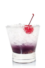 cocktail with ice and cherry on white background
