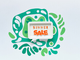 Summer sale text. Abstract fluid shapes in green shades. Off white concept background, monochrome look. Off white wood frame with text. Paper art organic matisse inspired collage.