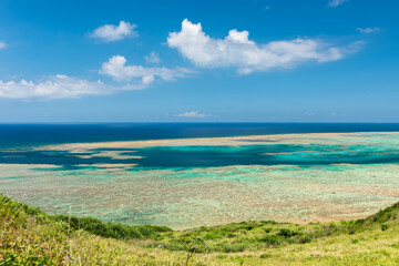 Incredible ocean with gradient colors from light green to blue, full of coral reef, forming a beautiful design in the maritime scene.