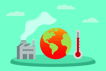 Global warming vector concept: Overheat world with red temperature and factory