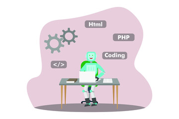Machine learning vector concept. Robot learn to coding with a laptop computer