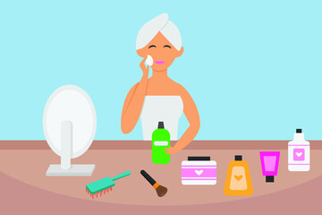 Cosmetics vector concept. Young woman wearing towel and applying facial cream