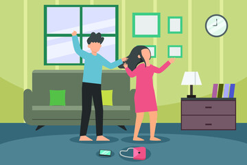 Domestic violence vector concept: Young husband hitting his wife at home while grabbing hair of his wife