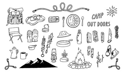 バーベキュー、焚き火、缶詰、山、薪などおしゃれ系キャンプ道具セット　Stylish camping equipment set including barbecue, campfire, canned food, mountain, firewood, etc.