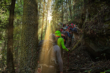 Naklejka premium Group of hikers with backpacks hiking through the forests of Iztaccihuatl in Mexico