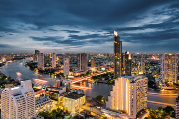 Fototapeta na wymiar Bangkok City Aerial View and Skyscraper Cityscape of Thailand, Night Scenery View Business Downtown and Fianancial District of Thailand. Landscape Urban Skyscrapers Building of Bangkok Capital City