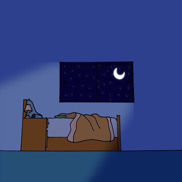 Habitación a oscuras con luna de fondo.  