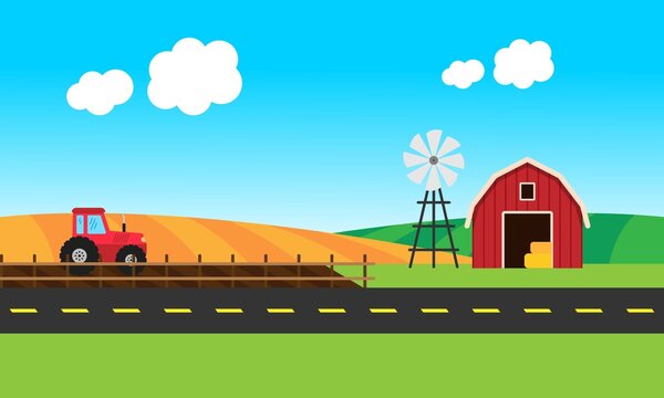 Ilustraci&oacute;n de granja y molino.