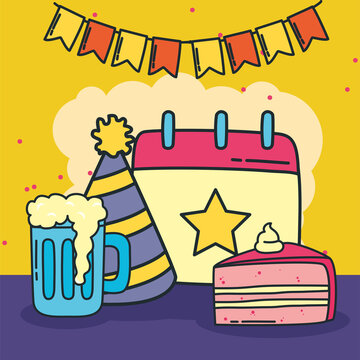 birthday beer hat calendar and cake
