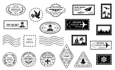 Postal stamps and postmarks. Set of postmarks and postage stamps with city silhouettes, islands with palm trees, sea and yacht. Air mail, top secret, express delivery, post office. Isolation. Vector - obrazy, fototapety, plakaty