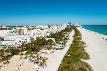 Aerial drone view of Miami Beach over the Art Deco districts in South Beach