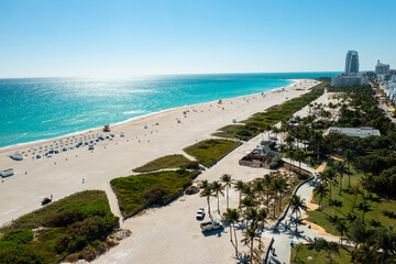 Fototapeta premium Aerial drone view of Miami Beach over the Art Deco districts in South Beach