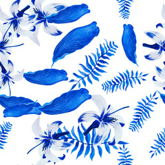 Fototapeta na wymiar Azure Pattern Illustration. Gray Tropical Leaf. Blue Seamless Design. Navy Decoration Illustration. White Spring Leaf. Indigo Flower Leaf. Watercolor Nature.