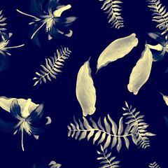 Navy Pattern Texture. Blue Tropical Palm. Indigo Seamless Botanical. White Flora Art. Wallpaper Design. Flower Texture. Spring Foliage. Flora Illustration.