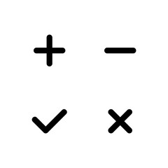 plus icon, minus icon, check mark icon, and cross icon vector sign symbol