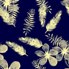 Indigo Seamless Nature. Gray Pattern Palm. Blue Tropical Exotic. White Flower Background. Navy Drawing Vintage. Cobalt Watercolor Vintage. Spring Illustration.