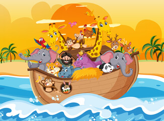 Noah's Ark with animals in the ocean scene