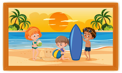 Kids on summer vacation scene photo in a frame
