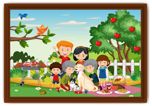 Happy family picnic outdoor scene photo in a frame