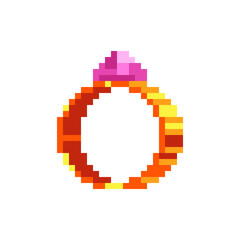 Fototapeta premium Ring with a precious stone. Logo for the jewelry store. Web site icon. Video game sprite. Pixel art style. Isolated vector illustration.