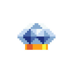 Fototapeta premium Precious stone pixel art style. Beautiful gem. Diamond icon. Knitting design. Jewelry store logo. 8-bit sprite. Isolated vector illustration. Game assets.