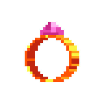 Ring with a precious stone. Logo for the jewelry store. Web site icon. Video game sprite. Pixel art style. Isolated vector illustration.
