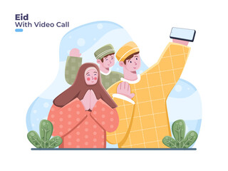 Muslim Family use smartphone to  Video calling to celebrate and greeting Eid Mubarak, in indonesian called idul fitri or lebaran. Eid Mubarak with online video call. Together celebrating Eid al-Fitr.