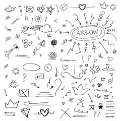 Doodle vector set illustration with hand draw line art style vector. Crown, king, sun, arrow, heart, love, star, swirl, swoops, emphasis, for concept design.