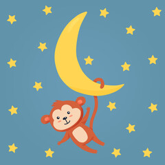 A cute monkey hangs on the moon. Illustration for a postcard, nursery, print and more.