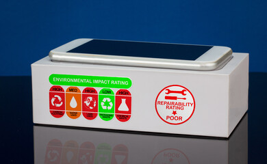 repair label on smart phone on box with environmental stability and reparability rating labels, consumer environmental sustainability information  on products