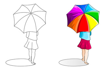 a woman carrying an umbrella, coloring book or page, vector illustration.