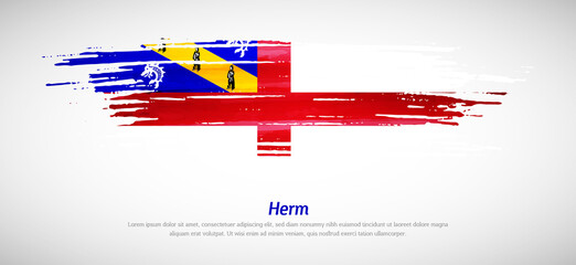 Artistic grungy watercolor brush flag of Herm country. Happy liberation day background