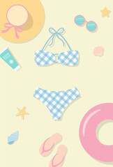 summer vector background with a swimsuit, flip flops,  straw hat and other beach icons for banners, cards, flyers, social media wallpapers, etc.