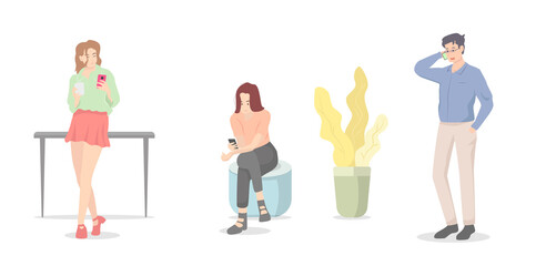 Set Young People Looking on Smartphones.