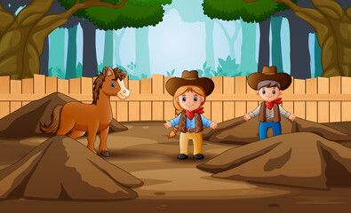 Fototapeta premium Cartoon cowboy and cowgirl in the farm with a horse