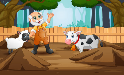Cartoon old farmer with farm animals in the farm