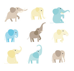 Flat cartoon set of multicolored elephants in different poses. Vector illustration