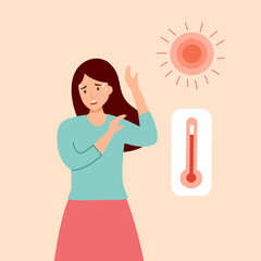 Woman suffering from heat and sweaty dehydration with thermometer and strong sunlight in flat design. Hot climate in summer.