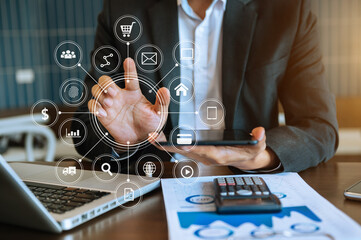 businessman using a tablet, smartphone during sunrise overlay  with VR icon